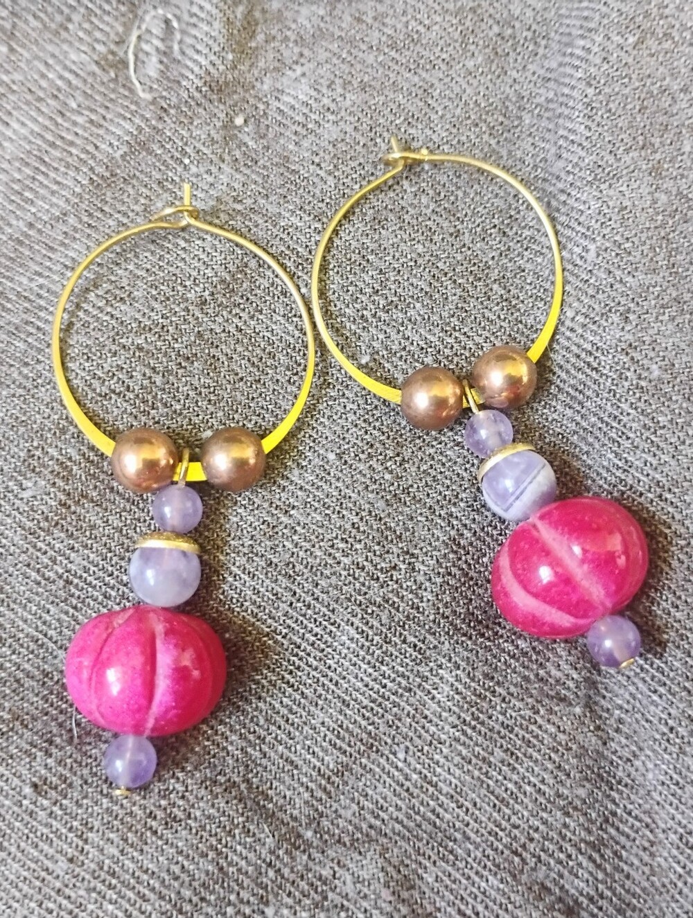 Handmade Pink Ruby, Amethyst , and Rose Brass Beaded Charm Hoop Earrings